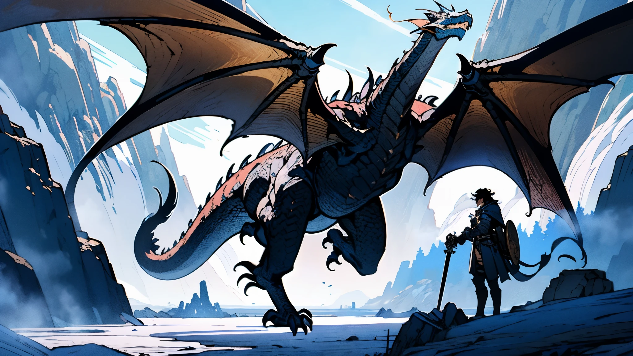 In the style of Ivan Bilibin and Arthur Rackham, An adventurer donned in silvery-blue lightweight armor, brandishing a dazzling azure-hued holy sword, confronts a colossal malevolent black dragon, The sky is obscured by a dark mist, and the dragon's ominous aura wreaks havoc on the landscape of mountains, forests and city below, Cinematic atmosphere, detailed destruction, epic fantasy, high definition, best quality, highres, ultra-detailed, ultra-fine painting, extremely delicate, professional, anatomically correct, creativity, RAW photo, UHD, HDR, 32k, Natural light, cinematic lighting, masterpiece-anatomy-perfect, masterpiece:1.5