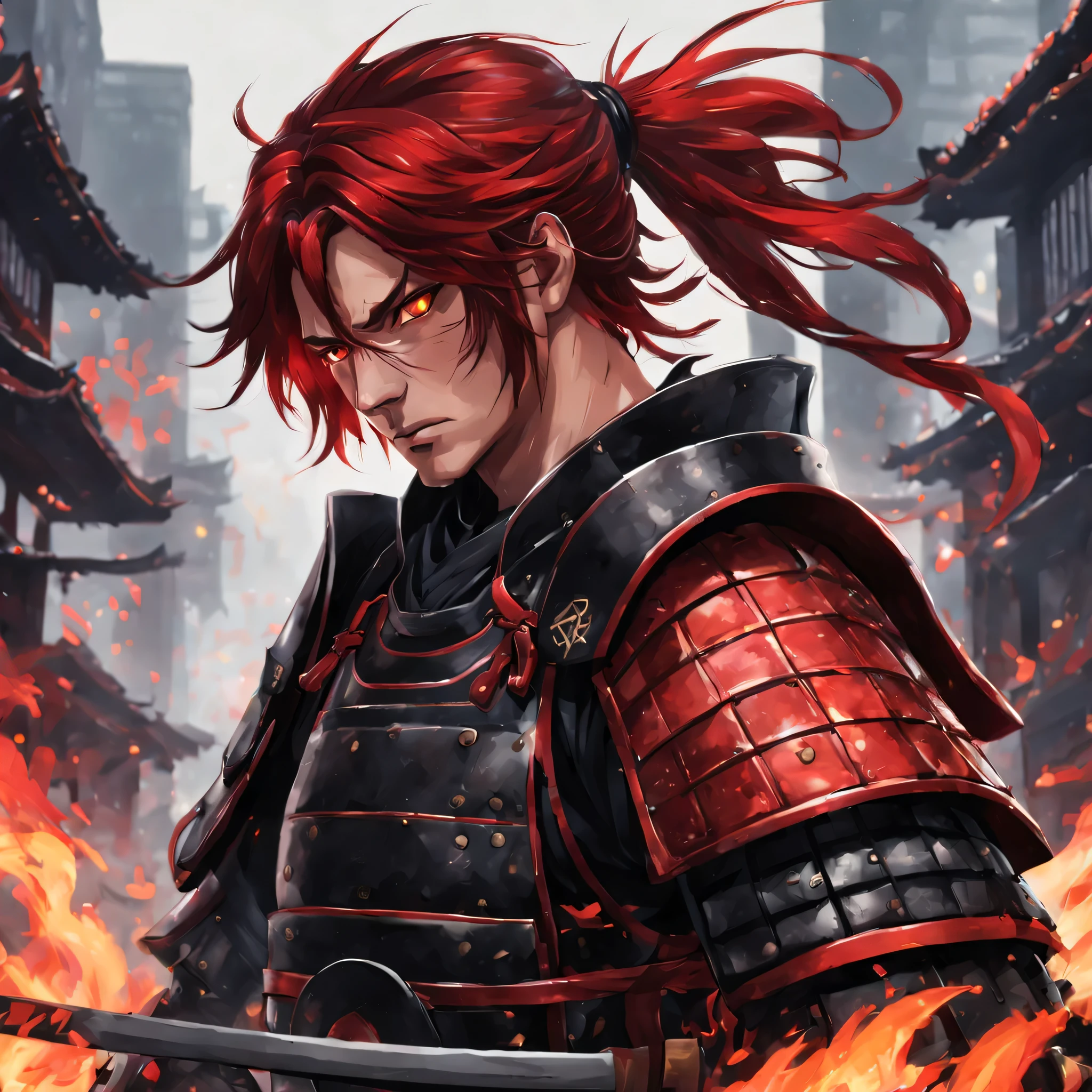 Homem com armadura de samurai, com cores vermelho escarlate e preto deslumbrante, com cabelo laranja escuro, com olhos vermelhos, Em uma cidade em chamas.