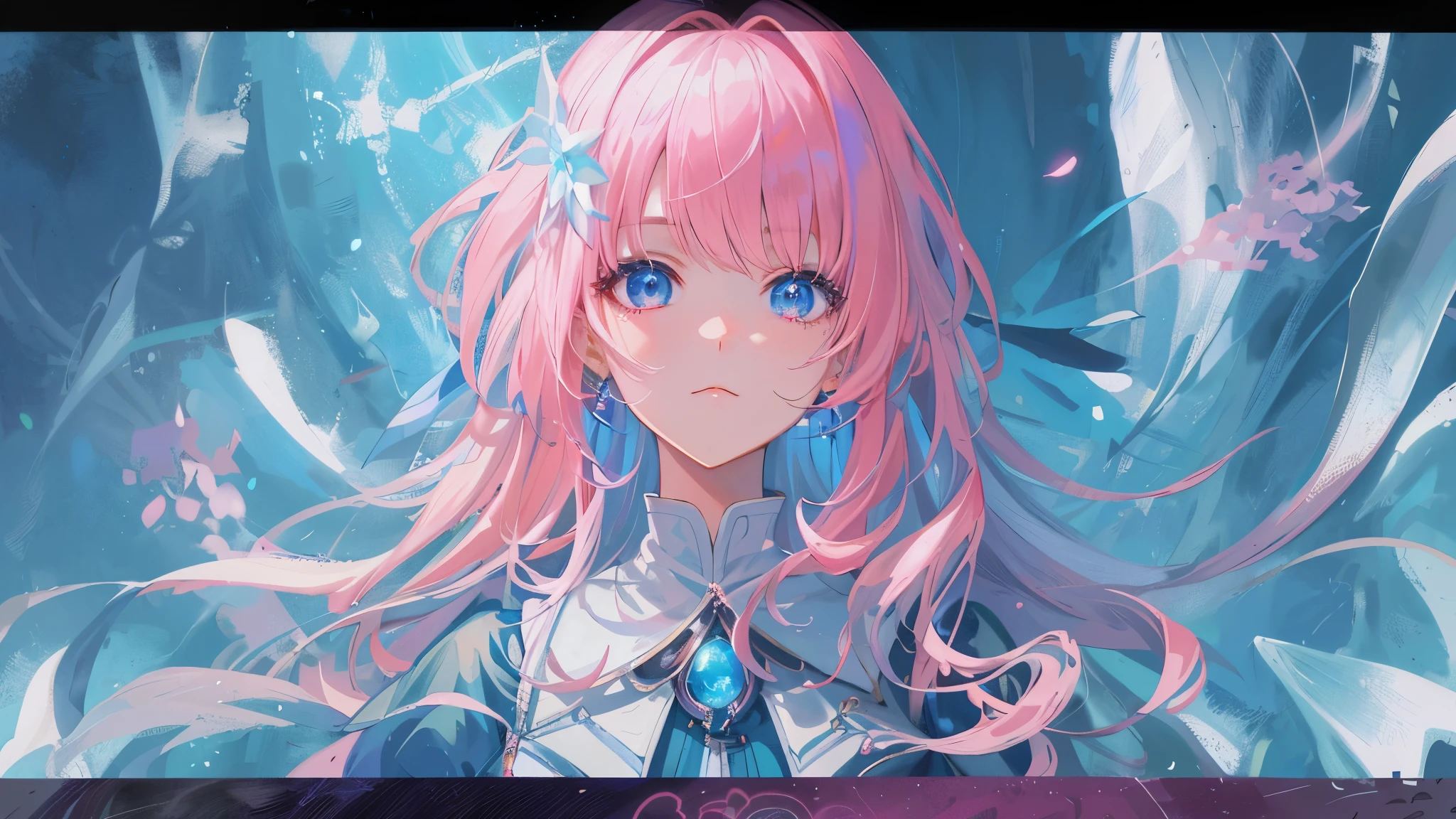 Chica anime con cabello rosado y ojos azules con un vestido azul., retrato, caballeros del zodiaco, , detailed arte animado digital, hermoso retrato animado, anime girl with cosmic hair, Cabello rosado y ojos cian., estilo anime 4k, arte animado digital, anime fantasy illustrations, anime fantasy illustration., retrato chica anime, anime in fantasy style, arte detallado del personaje de anime