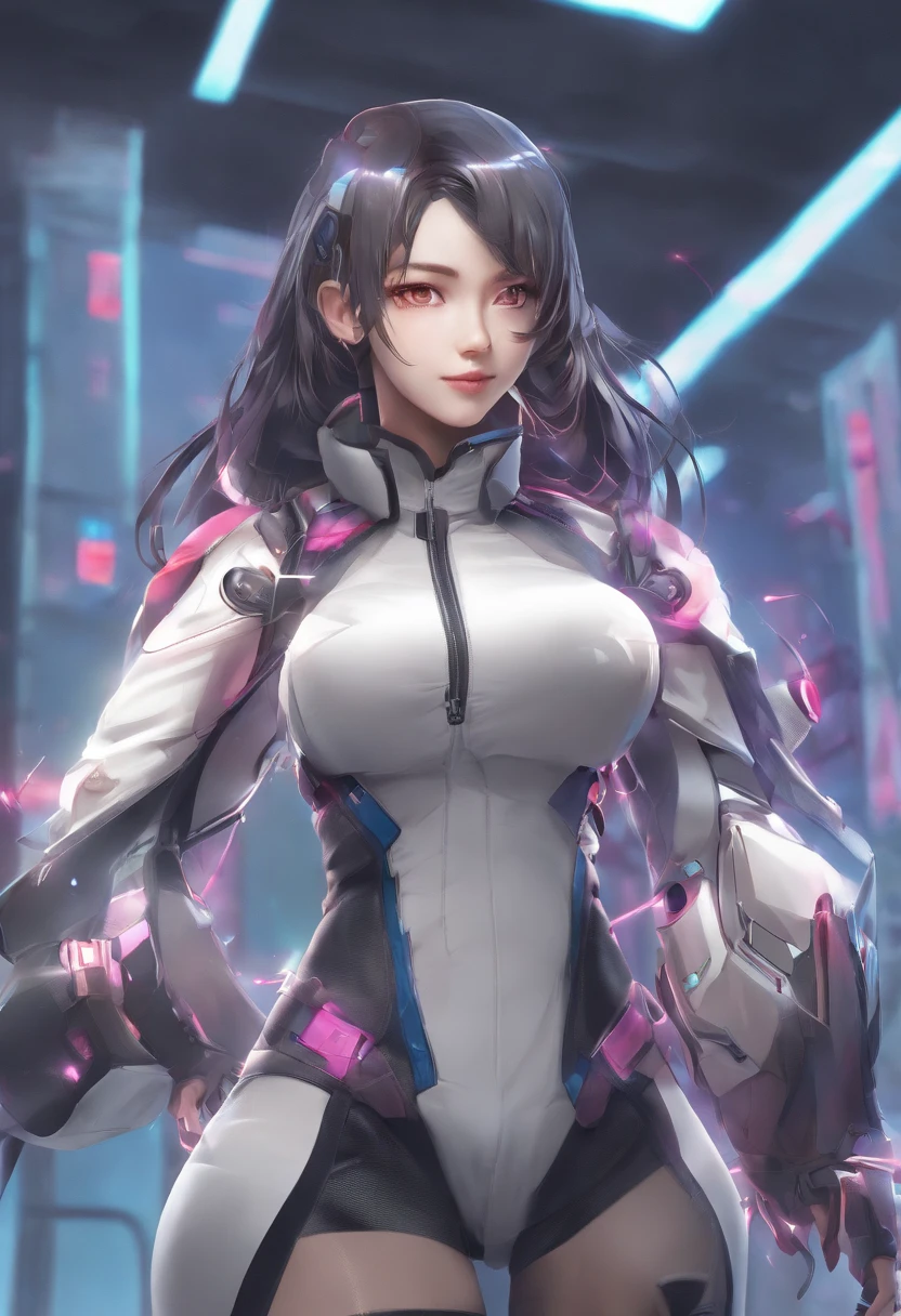 《AI role》。（（（Virtual character design：Hypnosis master female，20 years old，Exquisite facial features，Beautiful makeup，Skin details，Smile，Body movements）））。（（Technology protective work clothes））。((Super realistic details)), illumination, shadow and light, octane rendering, 8k, Super sharp,complex, Accessories details,Atmosphere
