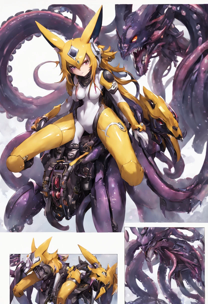 4K，real，realistic，near future，NSFW，transformation，Renamon and the giant battle mecha，The pilot is inside a giant battle mech.，Pilot details(full body concept art，Renamon is the pilot，Height: 160cm，The pilot is in front of a giant battle mech.，The pilot is wearing a Renamon-type Asuka suit.，face:Renamon type full face helmet，tentacle cockpitに跨がる，attached to tentacles，fuck pussy with tentacles，Renamon type full body suit is sticky and glossy with mucus.，A fluffy fox tail is growing，evil depravity，carnage)，Details of the giant battle mecha(full body concept art，Humanoid，Looks like a fusion of Renamon and a dragon，symbiote，evil depravity，Height 40 meters，It has a fluffy tail.，fox ears，standing behind the pilot)，tentacle cockpit，Inside the cockpit(The cockpit is covered in tentacles，there is a pilot，sitting in a tentacle-shaped cockpit)