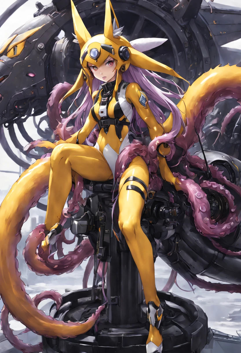 4K，real，realistic，near future，NSFW，transformation，Renamon and the giant battle mecha，The pilot is inside a giant battle mech.，Pilot details(full body concept art，Renamon is the pilot，Height: 160cm，The pilot is in front of a giant battle mech.，The pilot is wearing a Renamon-type Asuka suit.，face:Renamon type full face helmet，tentacle cockpitに跨がる，attached to tentacles，fuck pussy with tentacles，Renamon type full body suit is sticky and glossy with mucus.，A fluffy fox tail is growing，evil depravity，carnage)，Details of the giant battle mecha(full body concept art，Humanoid，Looks like a fusion of Renamon and a dragon，symbiote，evil depravity，Height 40 meters，It has a fluffy tail.，fox ears，standing behind the pilot)，tentacle cockpit，Inside the cockpit(The cockpit is covered in tentacles，there is a pilot，sitting in a tentacle-shaped cockpit)