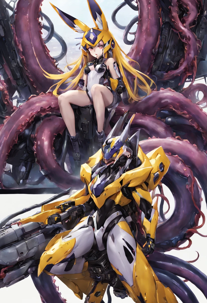 4K，real，realistic，near future，NSFW，transformation，Renamon and the giant battle mecha，The pilot is inside a giant battle mech.，Pilot details(full body concept art，Renamon is the pilot，Height: 160cm，The pilot is in front of a giant battle mech.，The pilot is wearing a Renamon-type Asuka suit.，face:Renamon type full face helmet，tentacle cockpitに跨がる，attached to tentacles，fuck pussy with tentacles，Renamon type full body suit is sticky and glossy with mucus.，A fluffy fox tail is growing，evil depravity，carnage)，Details of the giant battle mecha(full body concept art，Humanoid，Looks like a fusion of Renamon and a dragon，symbiote，evil depravity，Height 40 meters，It has a fluffy tail.，fox ears，standing behind the pilot)，tentacle cockpit，Inside the cockpit(The cockpit is covered in tentacles，there is a pilot，sitting in a tentacle-shaped cockpit)