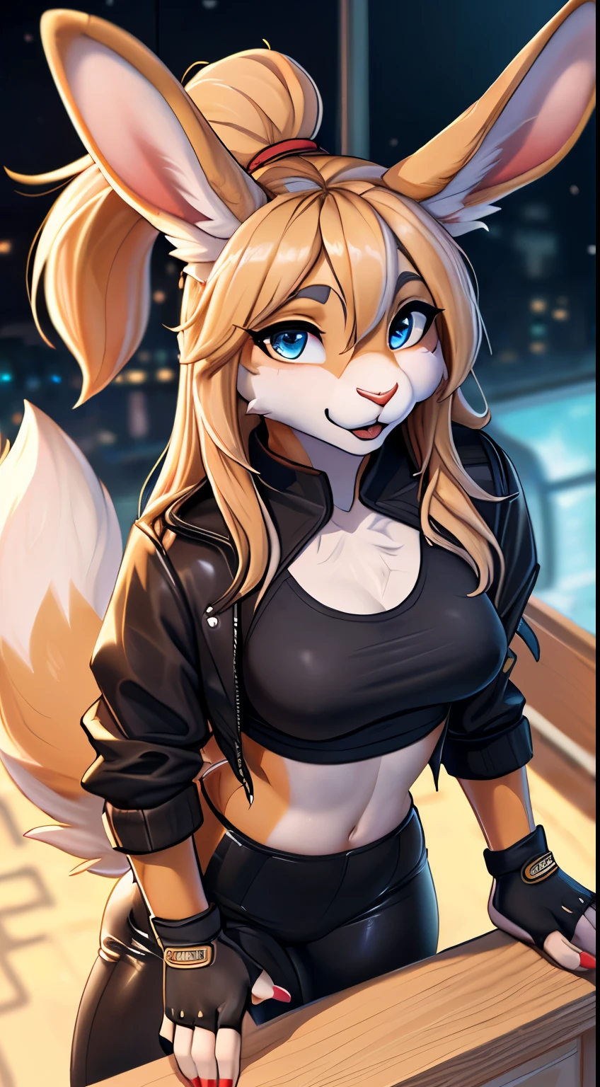 masterpiece, Best quality, view from above, Rabbit, long hair, Small tail, in a crop top, in tight pants, in a black jacket, wearing fingerless gloves, wearing UFC gloves,