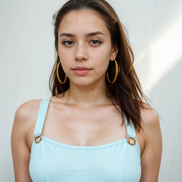 23-year-old hyper-realistic Latin girl with freckles, mood selfie for instagram, Ultra Definition, (photoreallistic: 1.4), 8k, calidad premier, fondos detallados, cara delicada, maquillaje natural, foto raw, iphone, HDR, Coqueteando con el espectador, pink overalls, studs, sneakers, detailed skin, medium shot, upper body, golden earrings, detailed background