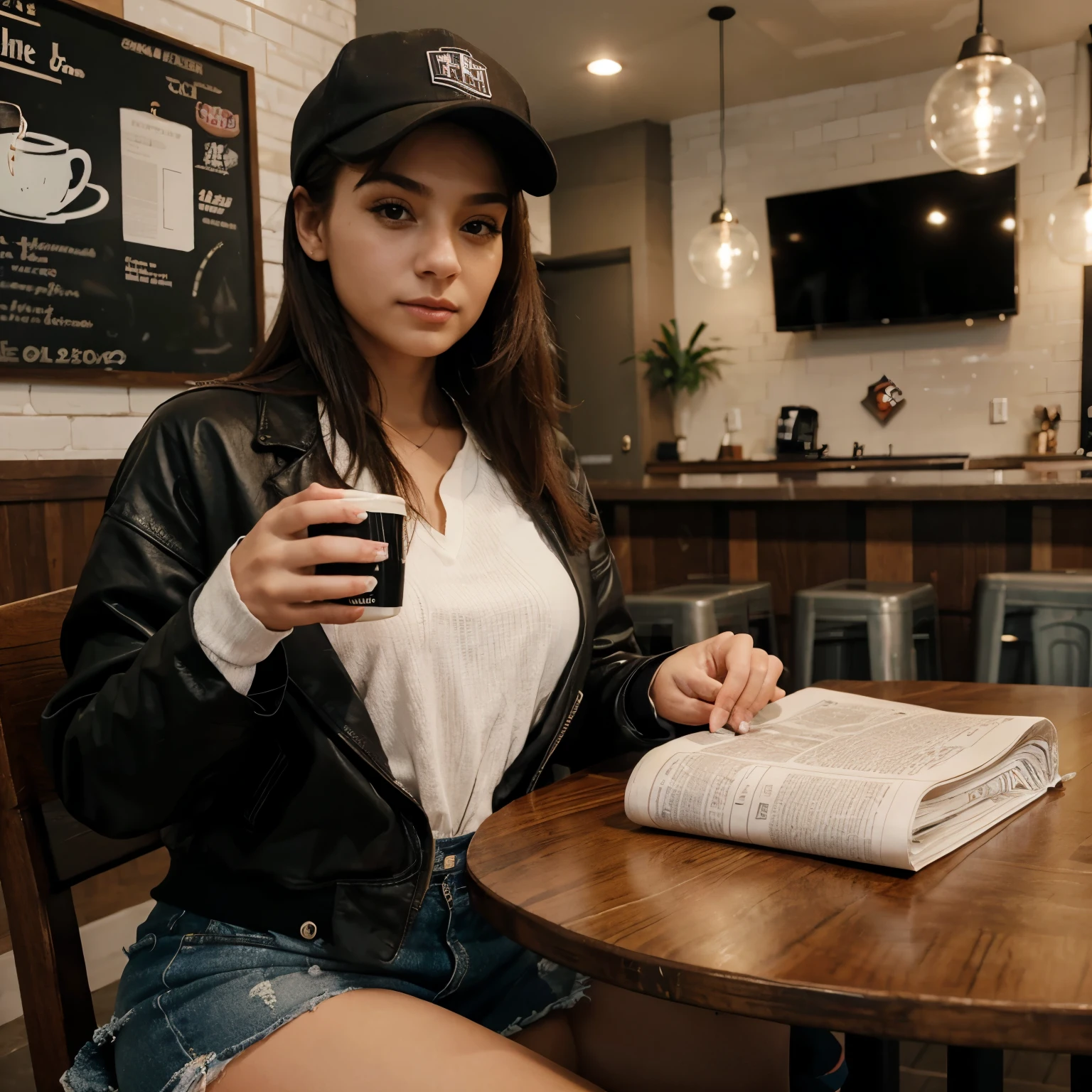 23 years old lady, in jacket, cap, hand gloves, hands on table, newspaper in front of her on table, one coffee mug, sitting in coffee shop, looking towards camera, seducing look, ultrarealistic