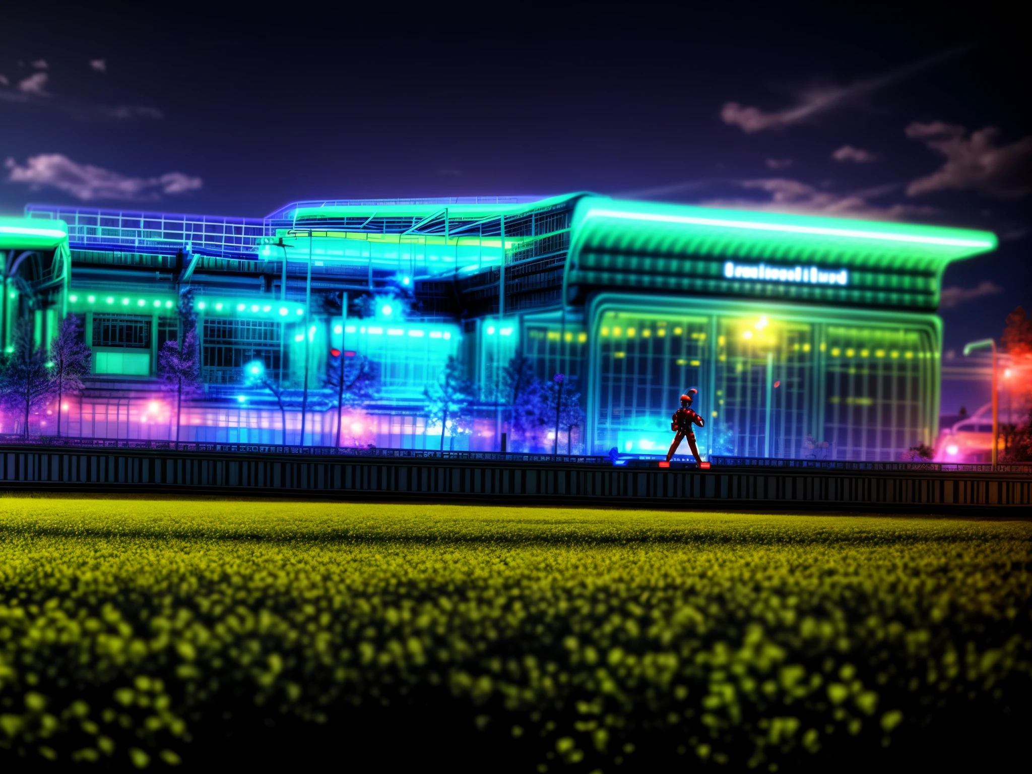 Futuristic Building, stand against blue neon grass field, spacecraft floating around, Neon light, neon, RGB color,