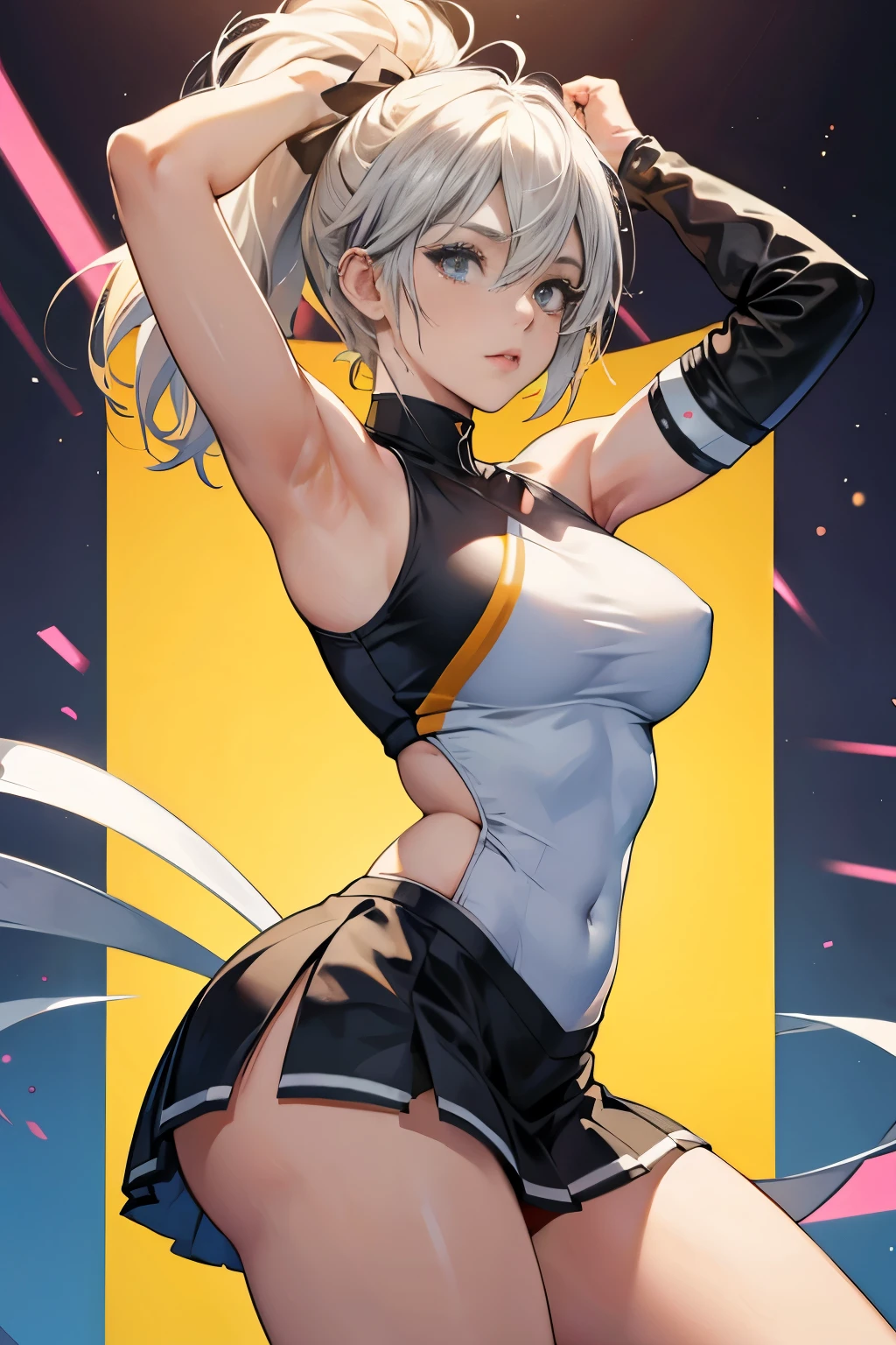 nier autómata, 2b, in a cheerleader costume, showing armpits and big ass, half naked, colorfull background.