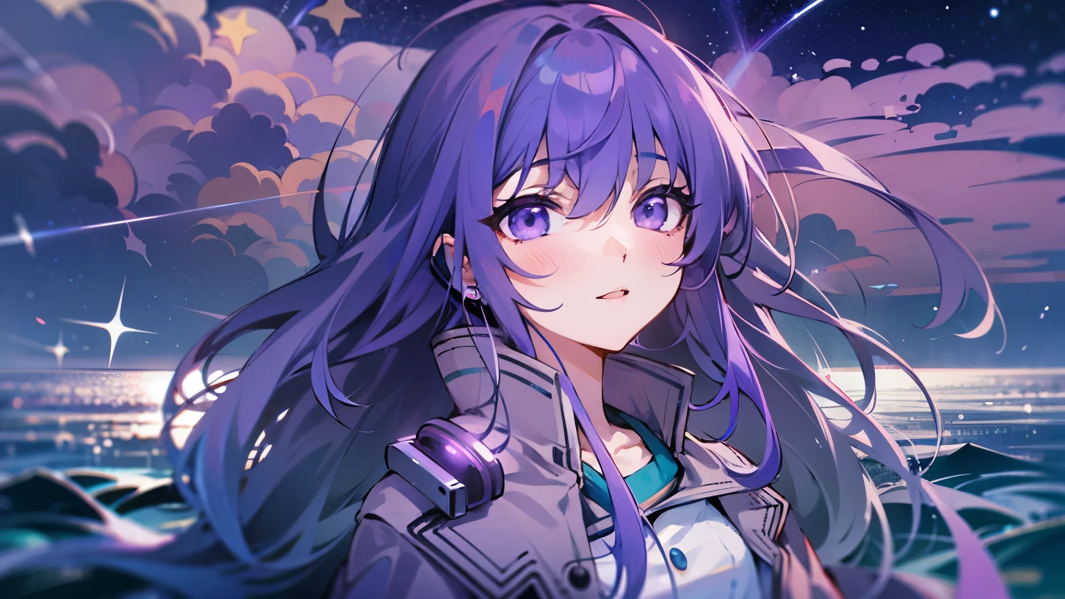 sea,night,Star,purple long hair,purple eyes,Purple coat,8K resolution,earphone,anime, high quality