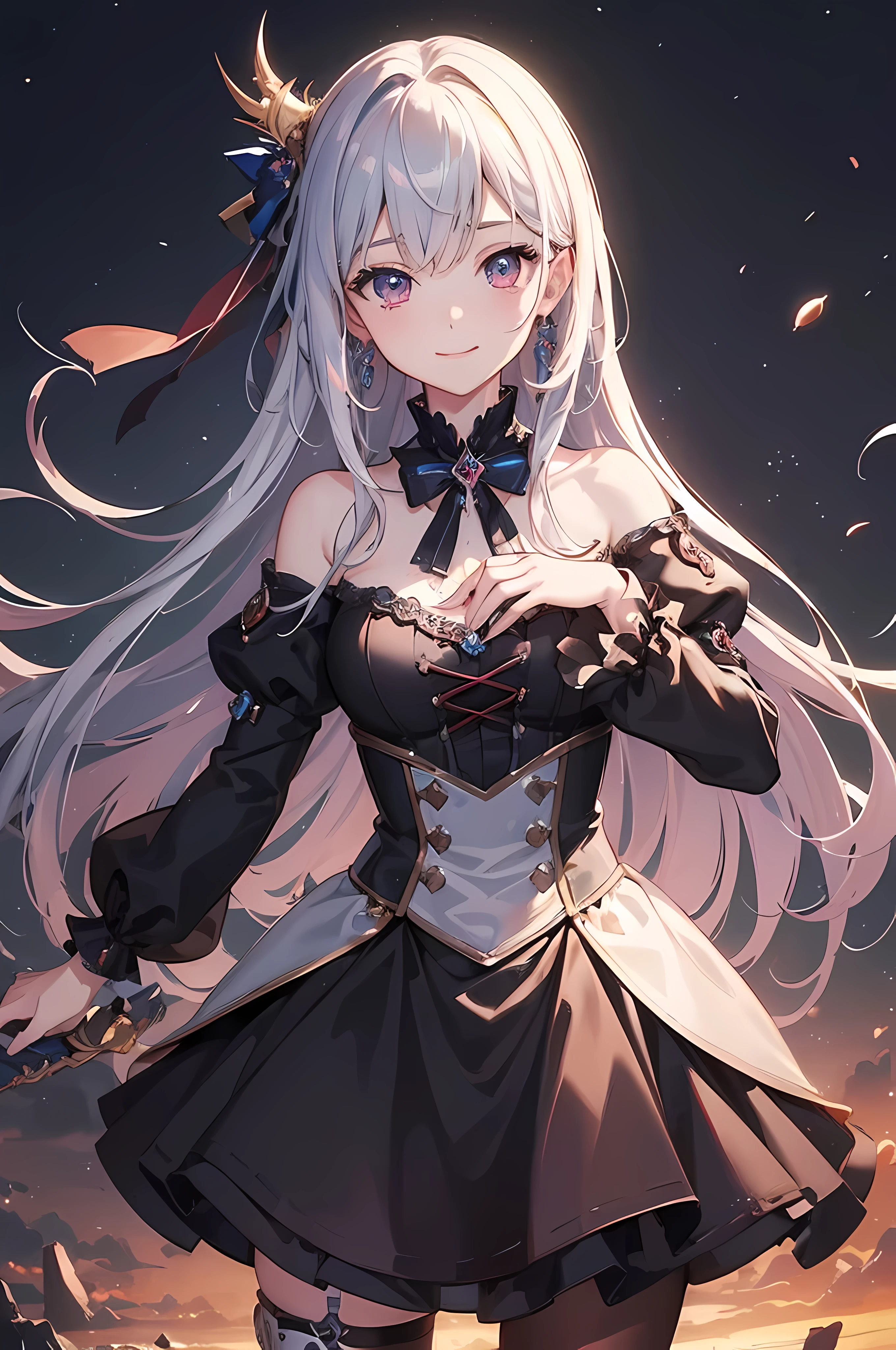 ((Bestquality)), ((A Masterpiece、)),(DETAILED), (realisti), (Official Art), (extremely detailed CG unity 8k wallpaper),make a smiling kind hearted twilight witch of calamity,masterpiece , high definition , looking at viewer, extremely detailed eyes , heterochronic eyes