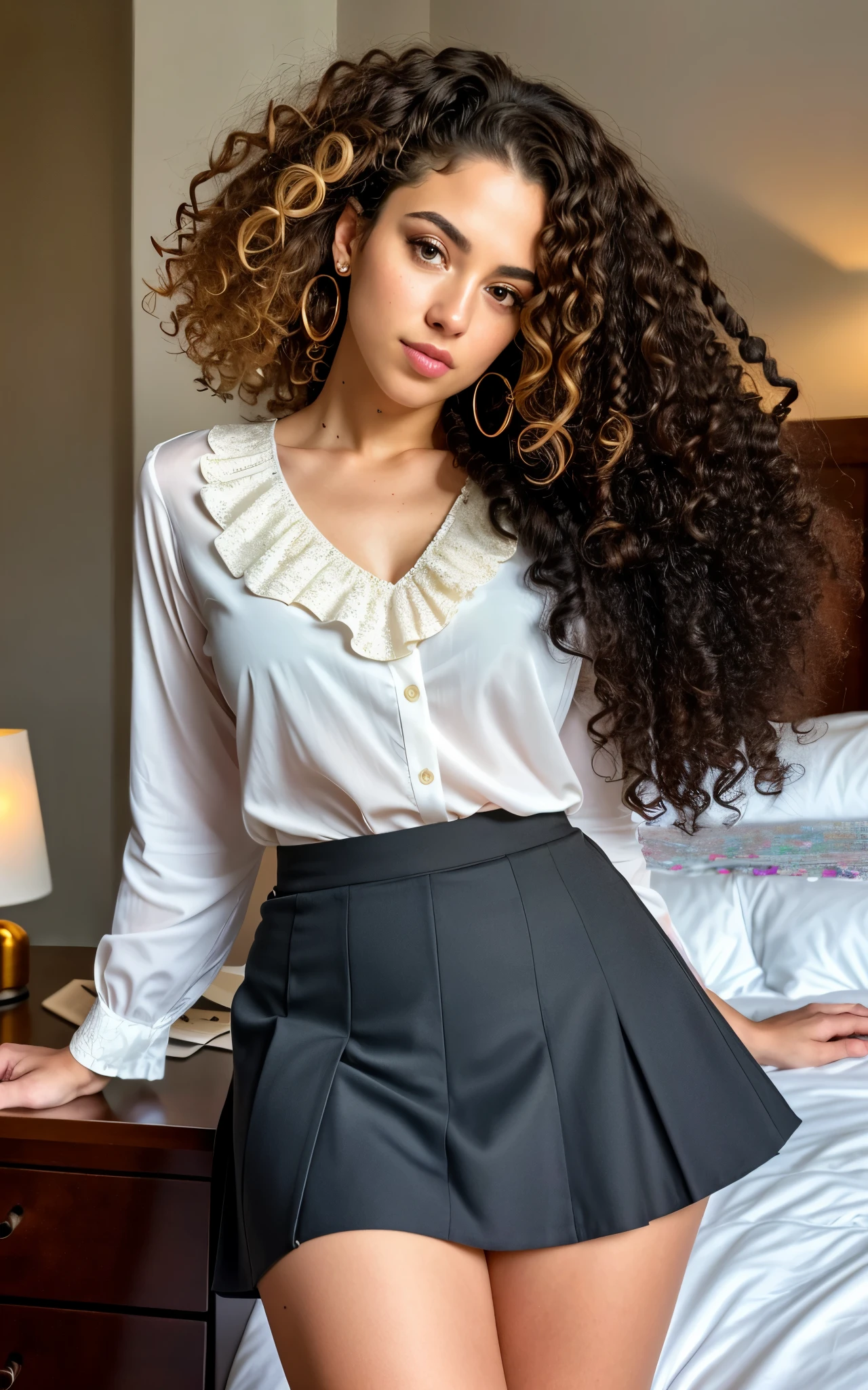 woman with curly hair wearing a skirt and blouse with detailed seductive alluring eyes in a modern bedroom, best quality masterpiece, photorealistic, detailed, 8k, HDR, shallow depth of field, broad light, high contrast, backlighting, bloom, light sparkles, chromatic aberration, sharp focus, RAW color photo