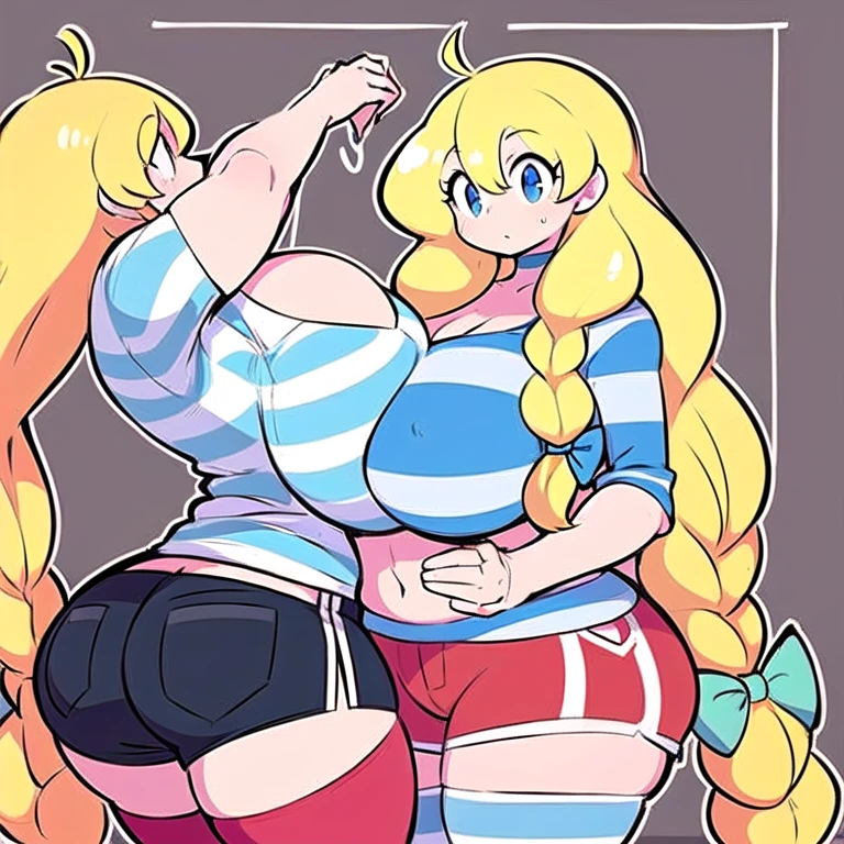 cassie, theycallhimcake, blonde hair, very long hair, braid, bow, striped shirt, red shorts, gigantic breasts, blue shirt