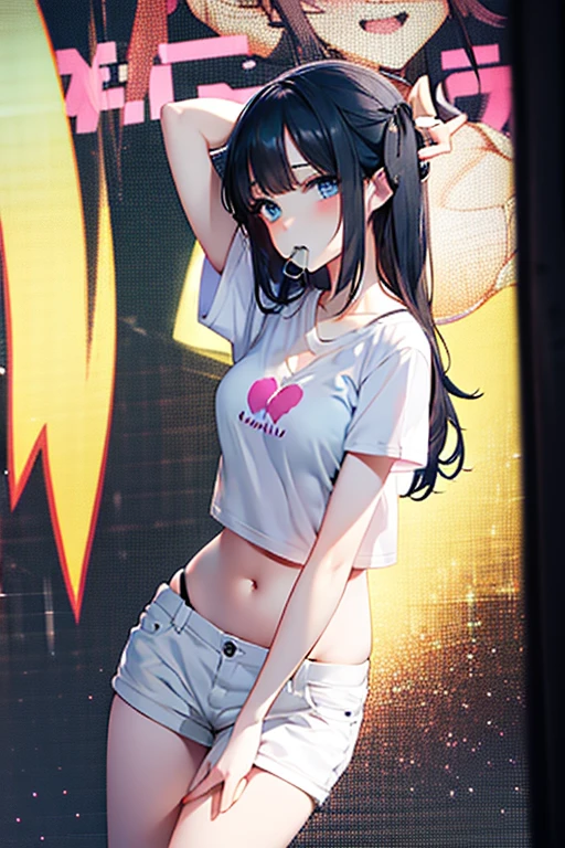 1girl, large breasts,clothes in mouth, cleavage, navel, t-shirt, ((bra)),clothes lift, shirt in mouth, black hair, blue eyes