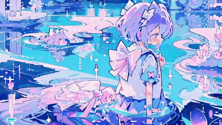 (eye to each other watch:1.1),more tears falling down,,cry to river,kirisame_marisa wa cirno,(touhou project),(2girls:1.1),Purple iris hair accessories,Background next to clear Lake Baikal、The river water is clear and transparent、There are ripples on the water surface