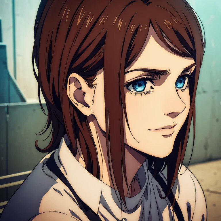 A female character who is younger with brown medium hair in the Mappa art style she is also thin and tender. She has detailed blue eyes. showcasing a sharp jawline. She is also fair. She is also smiling a little.The artwork should have the best quality, with ultra-detailed and realistic features. The color palette should be vivid, and the lighting should emphasize the character's facial structure and expression.
