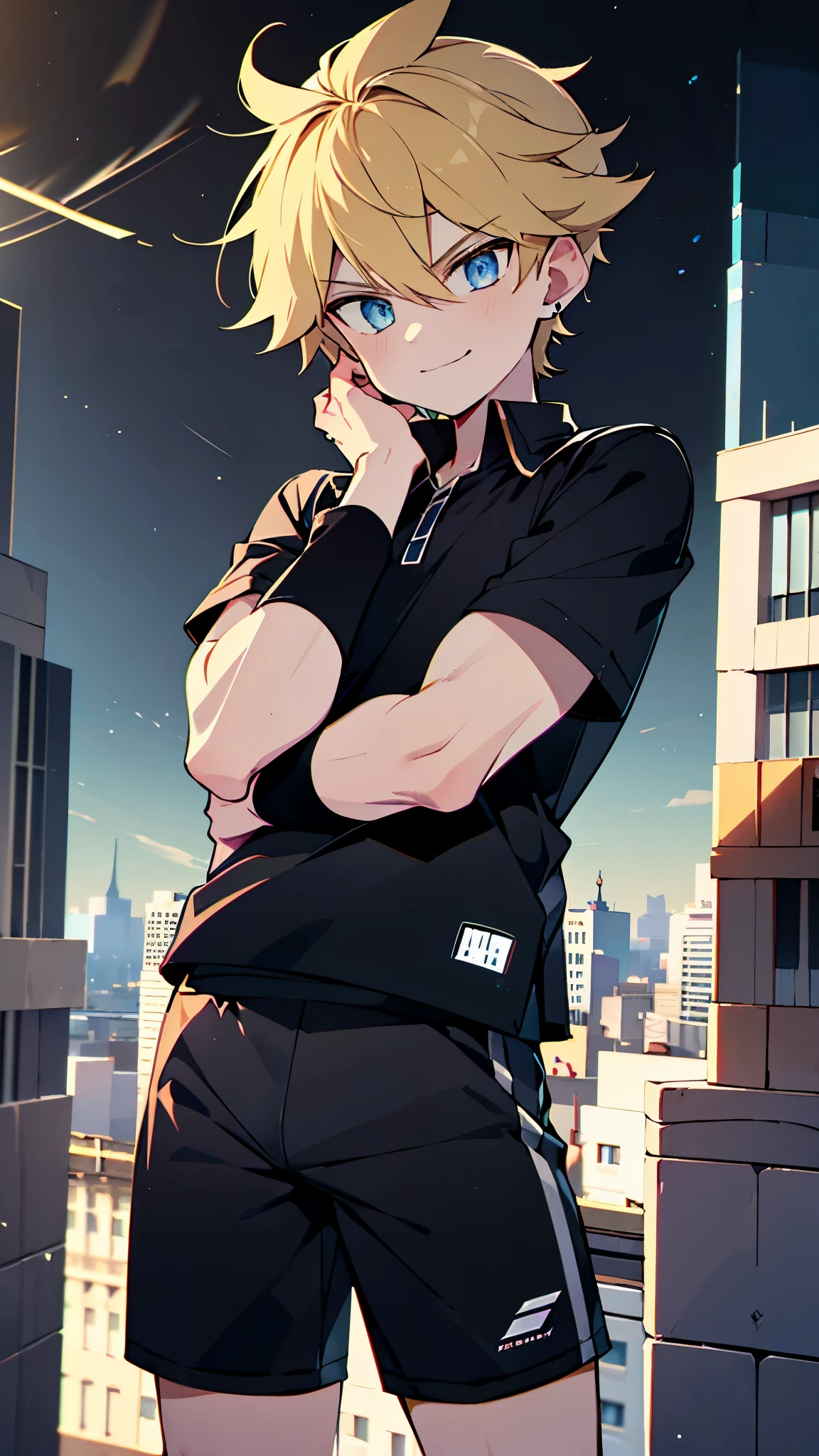 highres,wallpaper,solo,boy,1 boy,original,illustration,blue eyes,yellow hair,masterpiece,male,male focus,boy, ((masterpiece)),(((best quality))), (high-quality, breathtaking), (expressive eyes, perfect face), 1boy, solo, male, short,, on top of building, night sky, dark, buildings, wear short shorts, smirk,shorts:1.3,((black soccer uniform:1.3)),bulge:1.2,black power ranger:1.3,sentai,black ranger,erect under pants,silky shirt :1.1,male focus:1.3