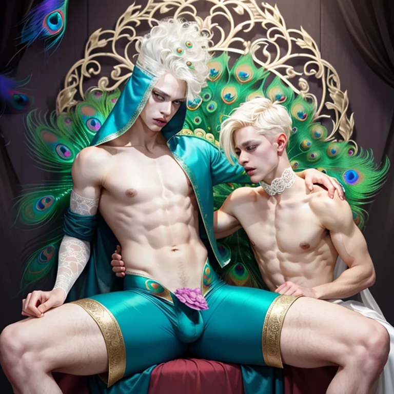 (evil albino lathy androgynous male, Peacock King, thin neck, frail shoulders, weak arms, flat chest, soft belly, curvy hips, male crotch, massive buttocks, thick thighs, peacock tail, depraved homosexual, cradle robber, queer, his victim strangles his frail neck)