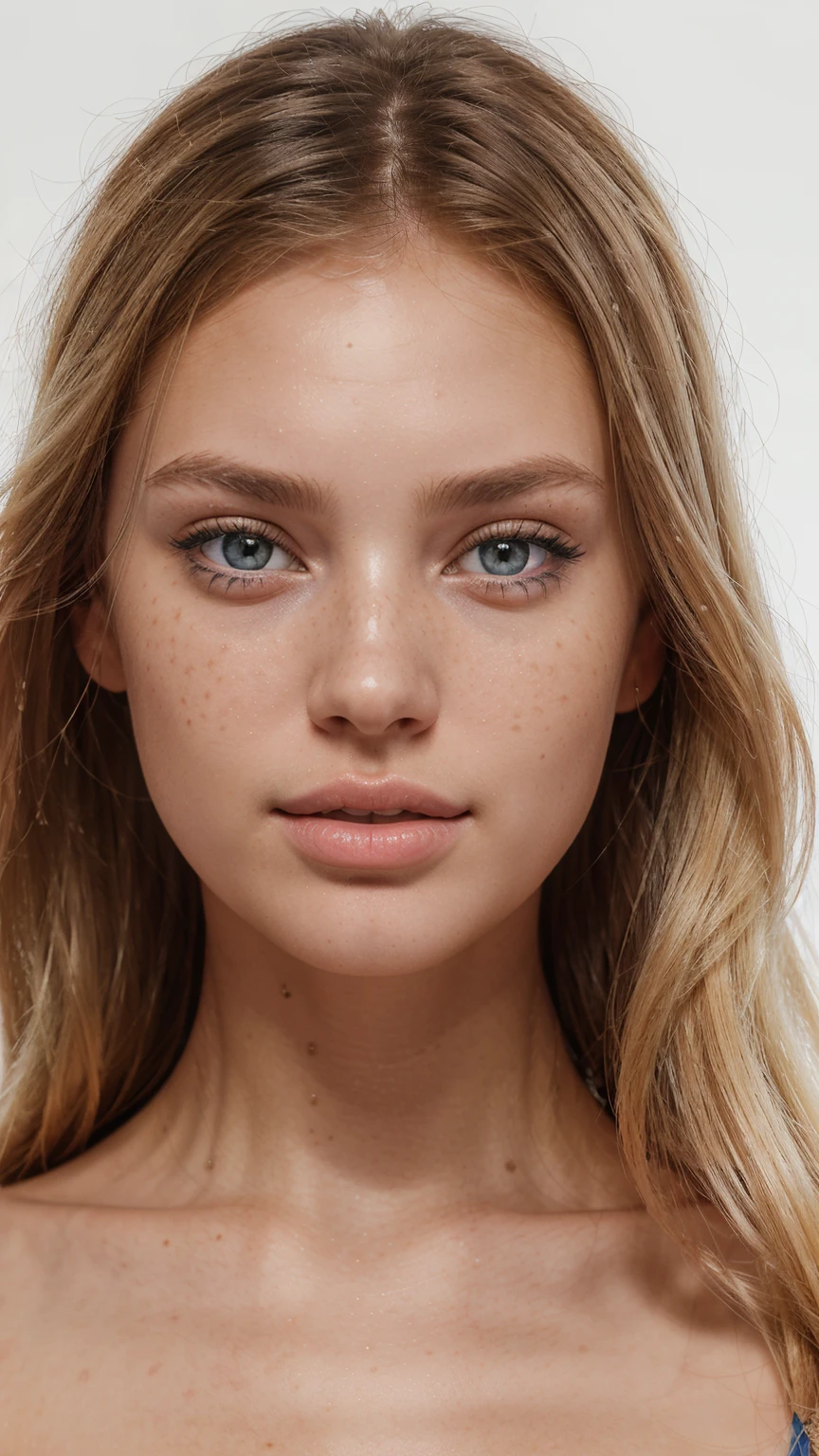 Very detailed photo of a young, beautiful girl of 25 years. Portrait on a white background. She looks like Romee Strijd plus Candice Swanepoel. Also she has some characteristics of a Ukrainian woman, has plump juicy lips, detailed eyes, detailed lips. Has big blue eyes. Hair is straight, slightly twisted, BLONDE hair.
((Pre-)), beautiful girl, freckles on her face.
(high quality, ultra-detailed, realistic:1.2, ultra realistic 8k, ultra detailed, vibrant colors, studio lighting. Shot on sony a7lll 85 mm. 3d face model. great detail. hyper-detailed, best quality, ultra-high resolution, HDR, 8k)