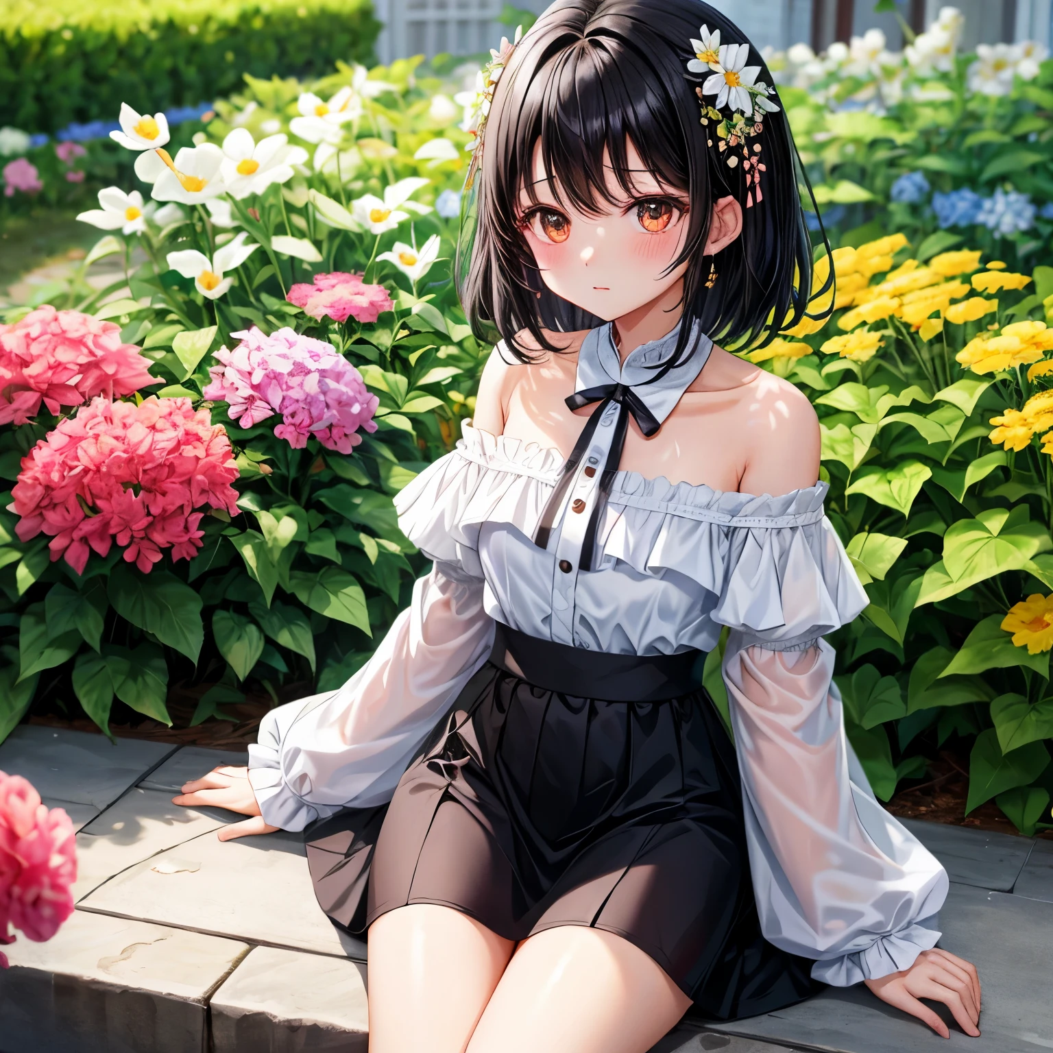 black hair、one cute girl、alone、and soul、flower garden、blush、white cheongsam、off shoulder、mini skirt