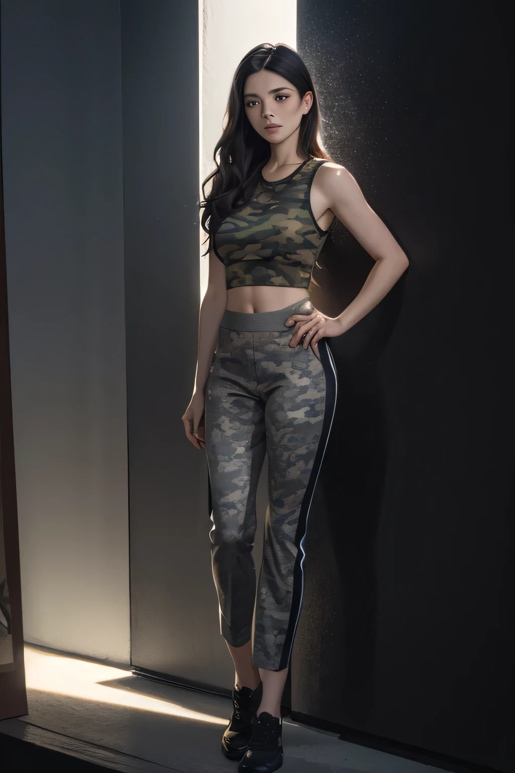 (front focus), (in the dark:1.6), Hyperrealist full body shot of female by david hockney and alphonse mucha, wearing grey crop top and camo pants, photo realistic, dynamic lighting, artstation, poster, volumetric lighting, very detailed faces, 4 k, award winning, 1girl, in the dark, deep shadow, low key, (official clothing:1.4), long hair,