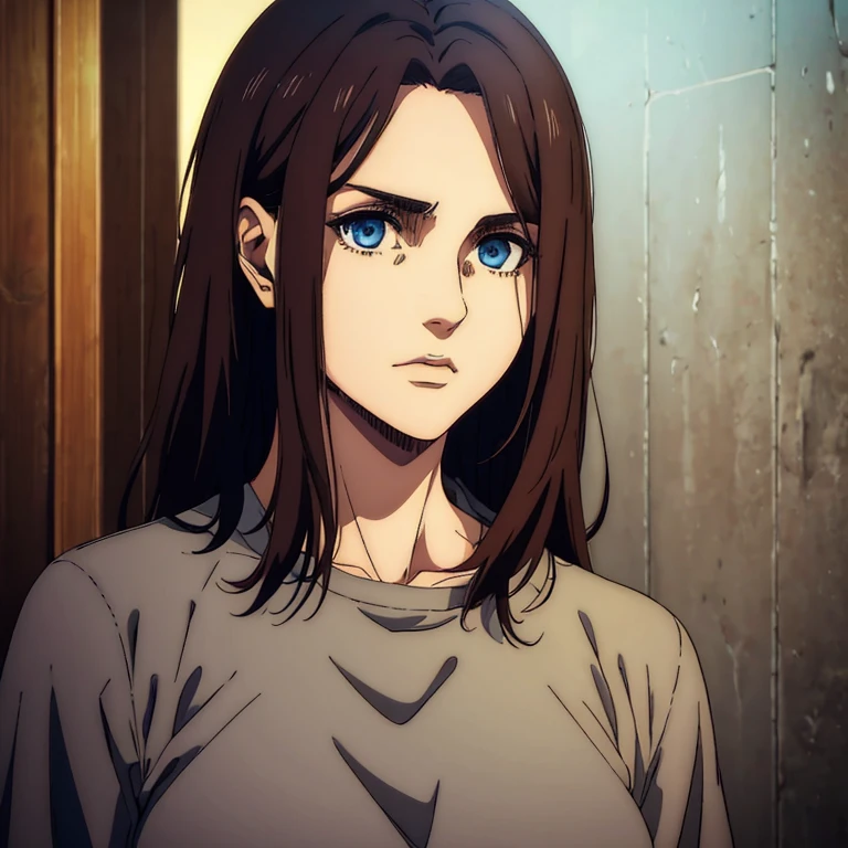 A female character who is younger with brown medium hair in the Mappa art style she is also thin and tender. She has detailed blue eyes. She is depicted in a grey shirt, showcasing a sharp jawline. She is also fair. She has good facial structure The artwork should have the best quality, with ultra-detailed and realistic features. The color palette should be vivid, and the lighting should emphasize the character's facial structure and expression.