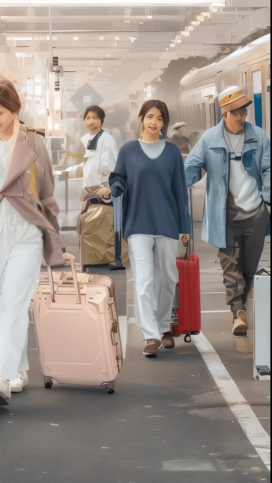 people are walking with Luggage near a train station, with many touristss, travel clothes, touristss, touristss walking the streets, People fled, Wanderers from afar, touristss, tourists, supersonic trains and passengers, Luggage, 🕹️ 😎 🔫 🤖 🚬, platform,touristss, tourists, parody, case, platforms, advanced, bts, mixed art,Comfortable background,Warm colors,details and