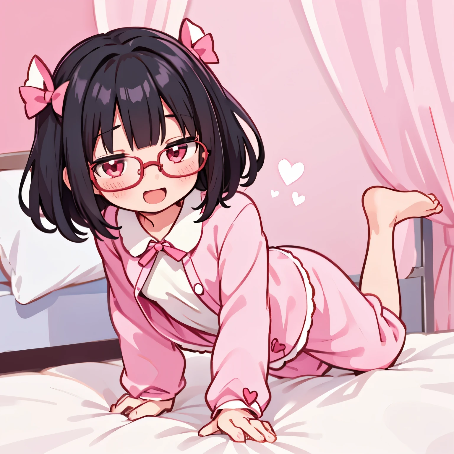 beautiful, illustration, ((best quality)), cute girl, bedroom, pastel color, (pink theme), middle position, high quality, perfect lighting, cute , detailed face, happy smile, laugh, open mouth, heart emoji, open hand, detailed body, full body, black hair, fluffy cut hair, (short) red eyes, beautiful woman, 1 girl, solo, Pajamas , (pink), small breasts, I shaped Balance pose, Round Glasses Black, rin, ((rin))