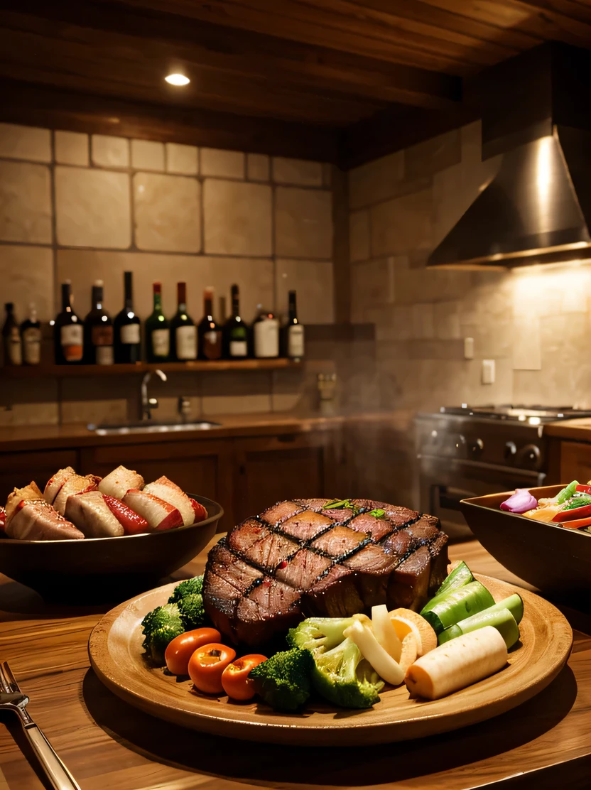 ((masterpiece、highest quality、Super detailed、High resolution、realistic、sharp focus))、((there are no humans))、high contrast、high color saturation、big roast beef、Yakiniku、steakhouse、mug of beer、Knives and forks、Rising steam、ceramic plate with vegetables、Brick wall background、blurred background