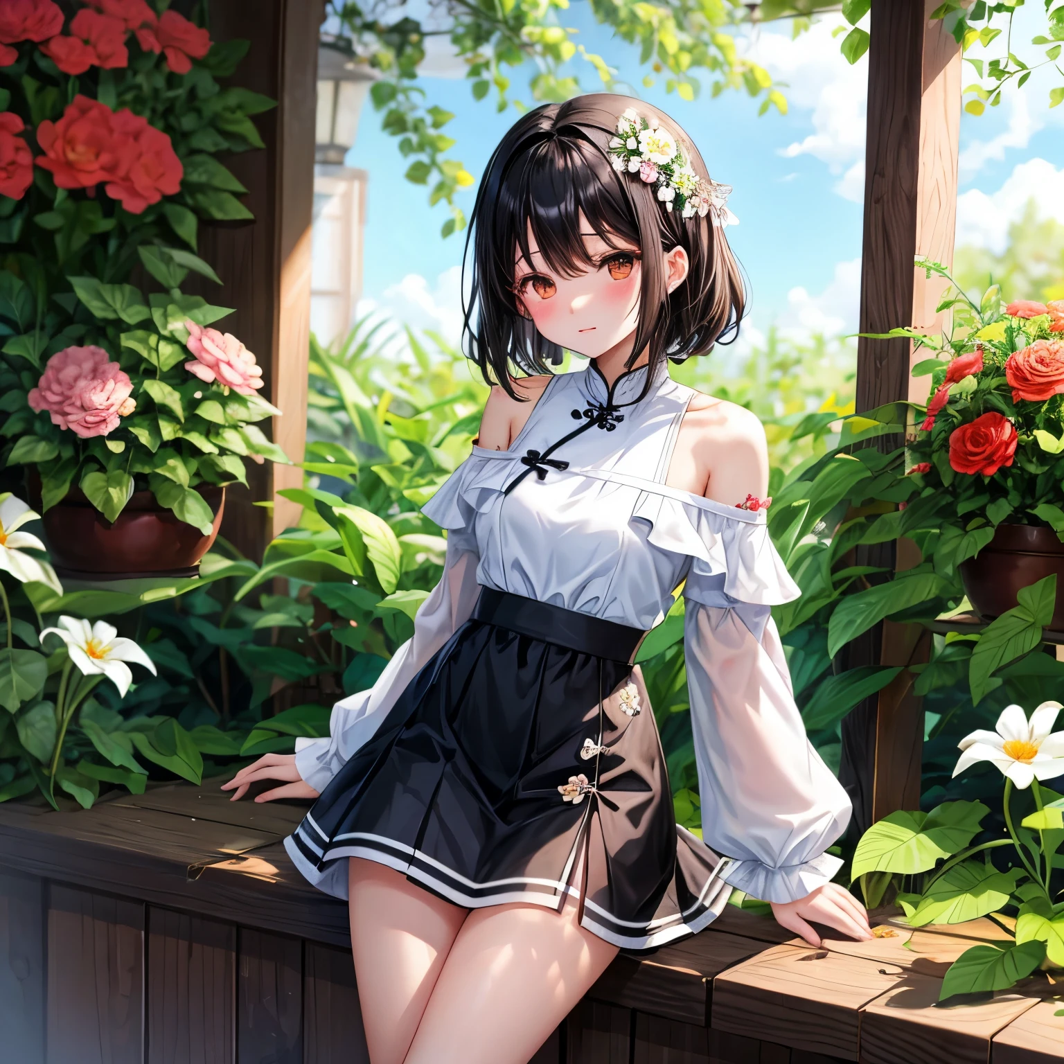 (child)，highest quality，Beautiful face in every detail，cute，Dark brown eyes，(背の低いcute女の子，Small young student，Young delicate girl）,（masterpiece，Top quality)，Black Hair，Sleepy expression，Sleeveless，(White shorts)，Crouching