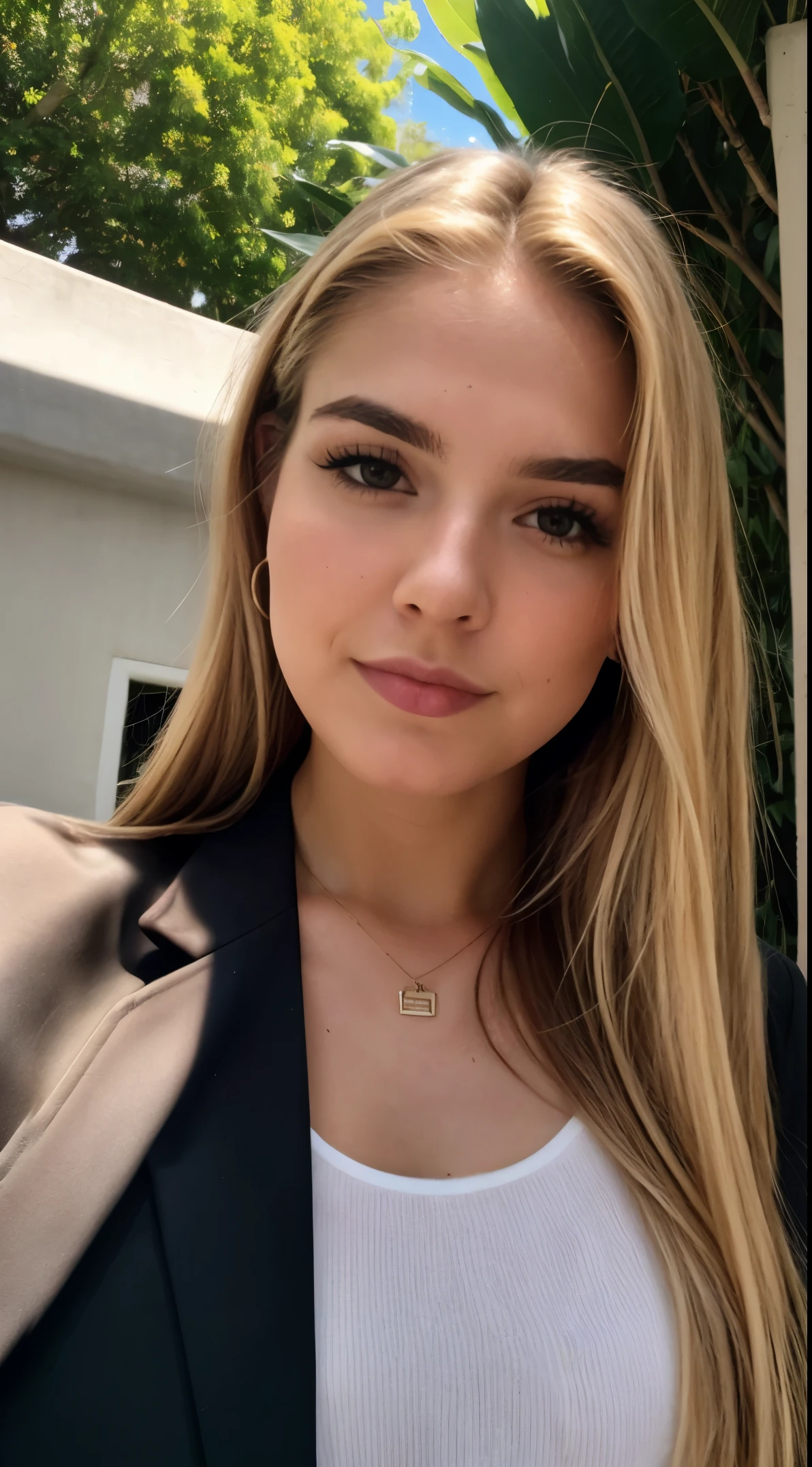 A 23-year-old blonde woman, ((pechos grandes)), ((hiperrealismo)) ,. blonde hair with light brown roots. cabello rubio, Hair with brown roots, cabello extra largo, cabello muy largo, really long hair, Beautiful, Front view, selfie, photo taken with iPhone, elegant black shirt with escote, escotada, selfie in the garden, high quality, selfie iPhone,no cleavage