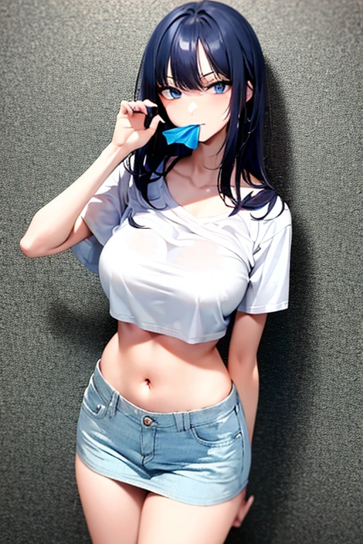 1girl, large breasts,clothes in mouth, cleavage, navel, t-shirt, ((bra)),clothes lift, shirt in mouth, black hair, blue eyes