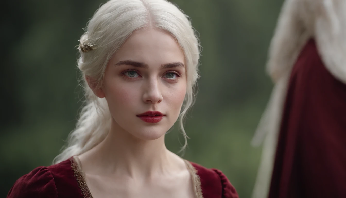 (((a deep reddish wound crosses her left cheek))) fair complexion, woman around 19 years old, natural white hair, distinctive green eyes, wearing kohl, slender and graceful, beautiful, candlelight in a medieval setting, ultra sharp focus, realistic shot, medieval female clothes, tetradic colors (scar:1.4), Surrealism, Contemporary art, Luminism, chiaroscuro, ray tracing, cinematic lighting, 8k, high details, high quality, retina, textured skin