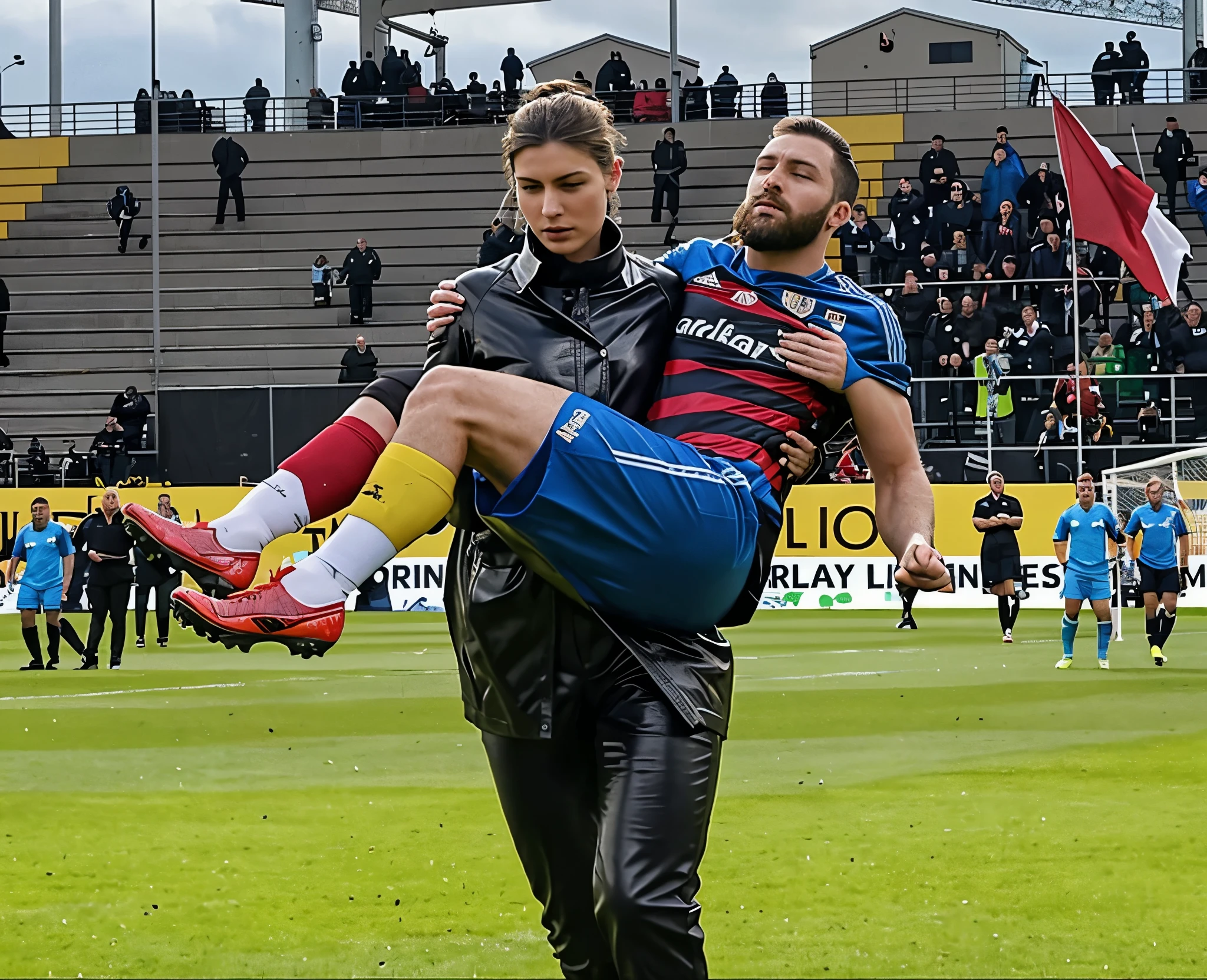 There is a wounded sportsmann in matte cotton sportswear suffering from pain and crying for help, there is an injured sportsman in matte cotton sportswear who is suffering from the pain and crying for help with an agonised face, while he is carried away by a young woman in a laquered wet plastic-coat, desperately crying young woman in a high-gloss lacquer coat, die in einem Sportstadion spazieren geht, Es gibt eine laut weinende junge Frau, holding an injured man in matte cotton sportswear in a football stadium, Da ist eine dunkelhaarige junge Frau in einem sehr nassen, shiny down coat, Da ist ein verwundeter Sportler in matter Baumwollkleidung, der in den Armen einer weinenden Frau getragen wird, soccer action pose, Bedingung Pose, lecherous action pose, Dramatische Action-Pose, Theatralische Pose, Es gibt eine attraktive Frau, who carries a thin man, There is a beautiful woman in a shiny coat, who carries a blond man in her arms, a longhaired beautiful woman in a high-shine black puffy coat, a longhaired woman in a shiny downcoat, A woman wears a short-haired man, wearing matte cotton shorts and a matte cotton t-shirt, Ein schwacher Mann in Sportshorts aus matter Baumwolle ist bewusstlos und muss getragen werden, Ein kurzhaariger Mann mit geschlossenen Augen wird in den Armen einer langhaarigen Frau getragen, a woman looks very scared and terrified, Ein bewusstloser Mann mit geschlossenen Augen leidet sehr und hat ein sehr schmerzhaftes Gesicht, Foto, Fotoshooting, fotografiert , Unfall, Hilfe, helfen, Erste Hilfe, Mitleid