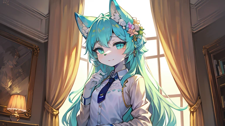 Introducing a stunningly beautiful furry wolf girl with small, delicate breasts, this exquisite illustration captures every intricate detail of her features. From her mesmerizing eyes to her precise and natural-looking fingers, the artist has expertly brought this character to life. The girl strikes a graceful and natural pose, showcasing the vibrant colors of her mint green poofy hair and the intricate flower hair ornament adorning it. Her eyes are a beautiful, glowing yellow, captivating the viewer's gaze. She is dressed in a stylish white jacket with golden trims and detailing, complemented by a black button-up shirt and a golden necktie. The illustration is set within the cozy and inviting interior of an apartment, adding depth to the overall composition. With its masterful