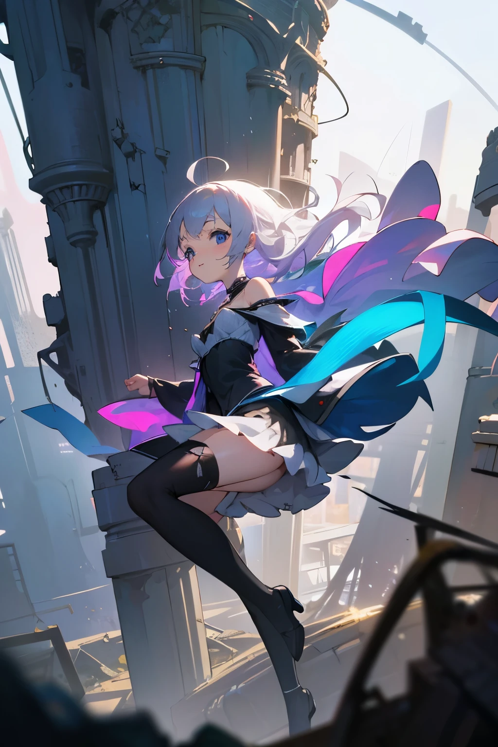 ((Masterpiece)), ((best quality)), (cute french young girl), (silver hair), (blue eyes), cute, ((french girl)), (messy medium hair), ((tube dress)), (black thighhighs), silver pink hair, windy:0.6, floating hair, babyface, (kawaii), pretty, 1girl, solo, petite body, (small breasts), sloped shoulders, sensual pose, dynamic angle, looking at viewer, smile, detailed background, depth of field, sharp focus, cinematic lighting, light particles, praying in a ancient ruined overgrown, ruins cityscape, realistic, blurry, skirt looking up