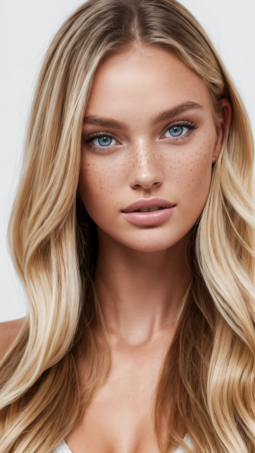 Very detailed photo of a young, beautiful girl of 25 years.  Portrait on a white background. She looks like Romee Strijd plus Candice Swanepoel. Also  she has some characteristics of a Ukrainian woman, has plump juicy lips, detailed eyes, detailed lips.  Has big blue eyes.  Hair is straight, slightly twisted, BLONDE hair.
((Pre-)), beautiful girl, freckles on her face.
(high quality, ultra-detailed, realistic:1.2, ultra realistic 8k, ultra detailed, vibrant colors, studio lighting.  Shot on sony a7lll 85 mm.  3d face model.  great detail. hyper-detailed, best quality, ultra-high resolution, HDR, 8k)