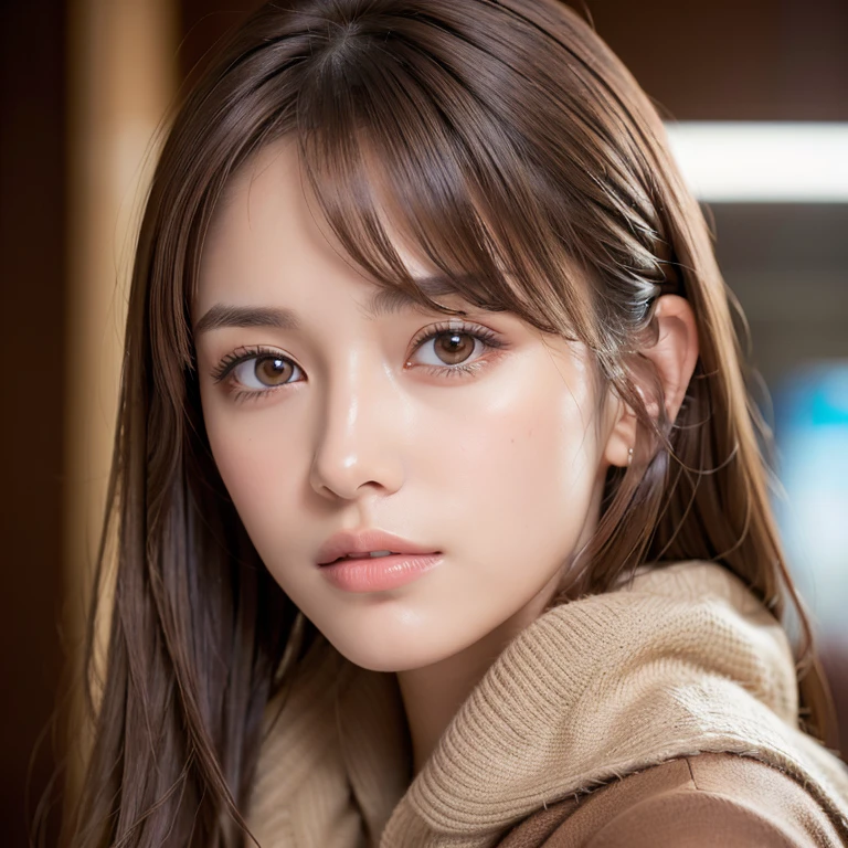 (Masseter muscle part:1.3)、(8K、Photoreal、Raw photo、highest quality: 1.4)、(1 girl)、beautiful face、(lifelike face)、(brown hair:1.5)、(medium hair)、beautiful hairstyle、（One eye is hidden by bangs：1.5）、Realistic eyes beautiful details、（skin that looks real）、beautiful skin、（sweater）、absurd、attractive、Super high resolution、surreal、high detail、golden ratio