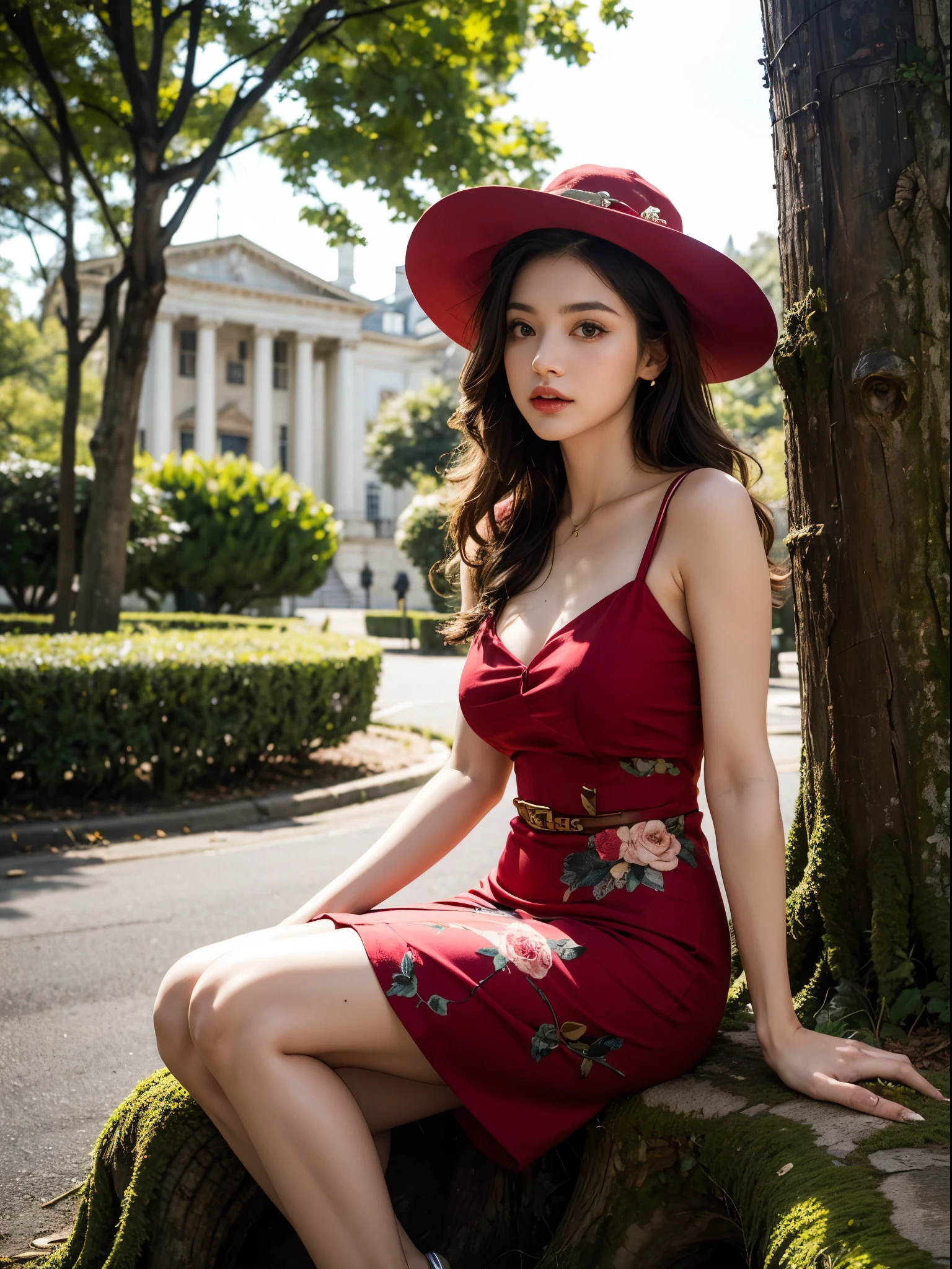 woman sitting on a tree stump wearing a dress and hat, a portrait by Zofia Stryjenska, tumblr, renaissance, pinup style, rockabilly style, romantic dress, dressed in a flower dress, red rose in hair, red floral dress, red dress and hat, rockabilly, floral couture, black and red dress, dressed like in the 1940s
