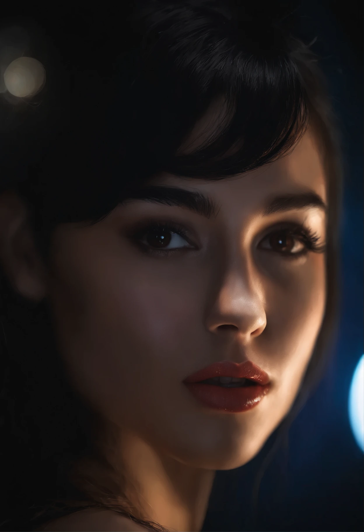 best quality,ultra-detailed,realistic,portrait,policromada,1girl,night,dark,black hair,naked,lingerie,intensely detailed eyes,lips,vivid colors, top half,body viewer facing, limited palette,black background, luminous lighting.