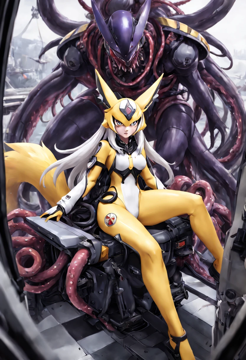 4K，real，realistic，near future，NSFW，Renamon and the giant battle mecha，The pilot is inside a giant battle mech.，Pilot details(full body concept art，Renamon is the pilot，Height: 160cm，The pilot is in front of a giant battle mech.，The pilot is wearing a Renamon-type tight skin suit.，face:Renamon type full face helmet，tentacle cockpitに跨がる，attached to tentacles，fuck pussy with tentacles，Renamon&#39;s tight skin suit is sticky and glossy with mucus.，A fluffy fox tail is growing，evil depravity，carnage)，Details of the giant battle mecha(full body concept art，Humanoid，Looks like a fusion of Renamon and a dragon，symbiote，evil depravity，Height 40 meters，It has a fluffy tail.，fox ears，standing behind the pilot)，tentacle cockpit，Inside the cockpit(The cockpit is covered in tentacles，there is a pilot，sitting in a tentacle-shaped cockpit)