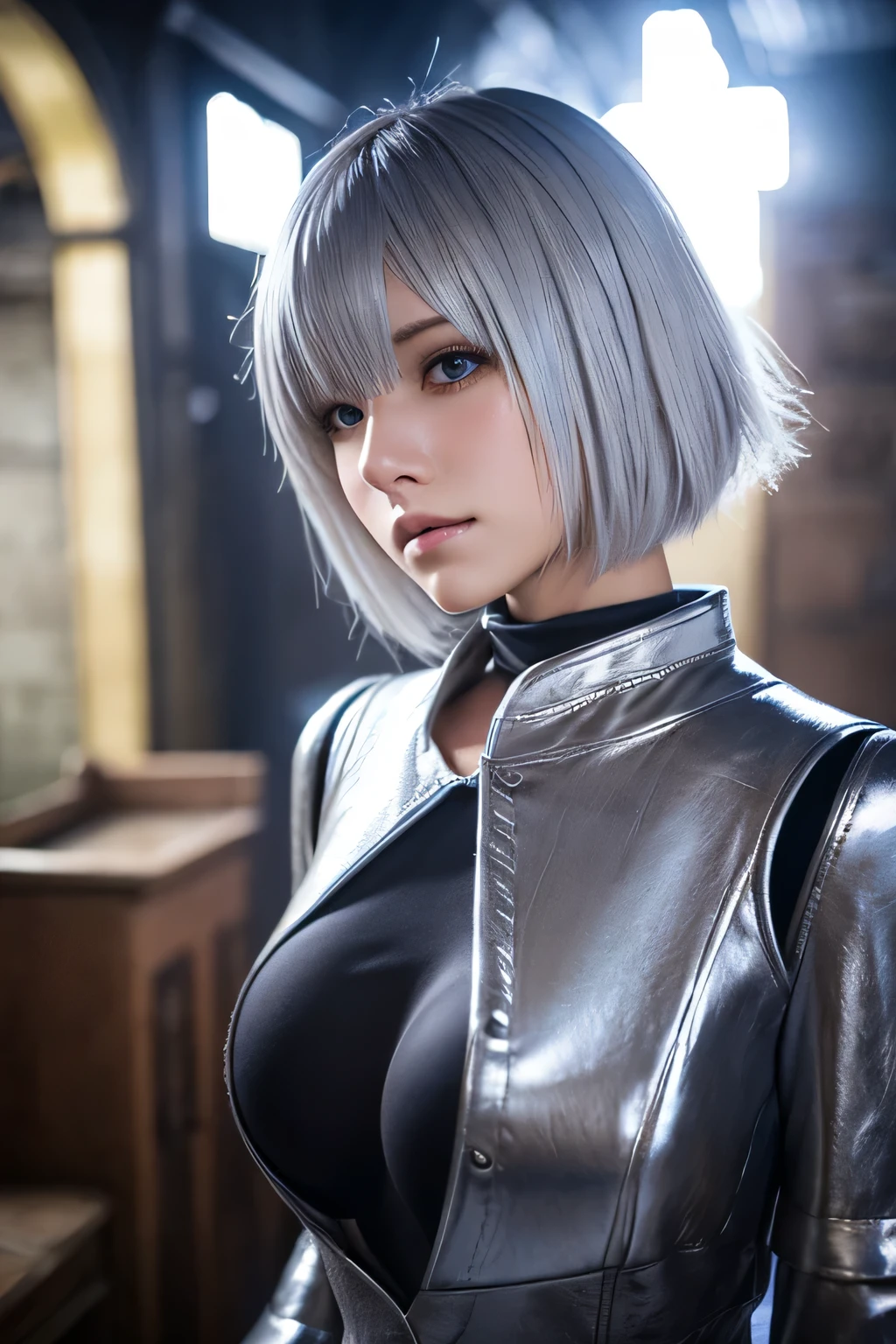 tourist、short hair、Have a potion、brunette-like silver hair、ファイナルfantasy、fantasy、Sober costumes、cotton clothes、leather clothes、highest quality、genuine、(faded texture)、In 8K、fine skin、young half、18-year-old、Super detailed、High resolution、professional lighting、huge boobs、