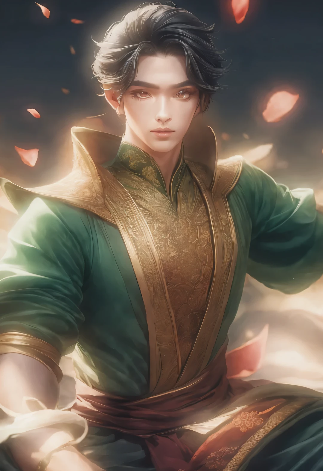 (male character design), whole body, Staring at the camera,
(Close-up of Chinese handsome boy Song Yu making tea), With silver curls and thick hair, Song Yu&#39;s facial features are correct，Symmetrical face shape. His eyebrows are long and thick, slightly raised, Gives people a sense of confidence and persistence. His eyes were bright and vibrant, Like a star, Revealing a kind of wisdom and agility. His nose was straight，Does not protrude, It gives a noble temperament. His lips were rosy and full, Slightly upturnedGive people a kind of tenderness亲切的感觉, Have smooth and flawless facial lines, perfect as a sculpture. Lips are red and plump, Slightly upturned, Give people a kind of tenderness、friendly feeling. His smile is bright and natural, reveal a kindness、Tolerant demeanor. The lines of his lips are soft and smooth, There are no flaws, Like delicate rose petals. As far as skin is concerned, Song Yi’s skin is fair and delicate, Smooth as white jade，No wrinkles, young as a boy. Skin appears healthy、Radiant appearance, Gives people a fresh and pure feeling. His cheeks flushed slightly, Revealing a hint of bitterness and cuteness (Wearing an emerald veil),
HD, high quality, HD Analysis, 32k, Surrealism,