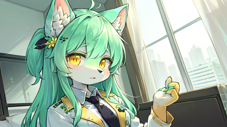 beautiful (furry wolf girl), (small breasts), ((detailed features)), ((detailed fingers, precise fingers,)) (((not unnatural hands))), natural pose, illustration, vibrant colours, apartment interior, 1 girl, solo, ((mint green coloured poofy hair)), flower hair ornament, beautiful (glowing) yellow eyes, (wearing a white jacket with golden trims and detailing), (((black button up))), ((golden necktie)) 