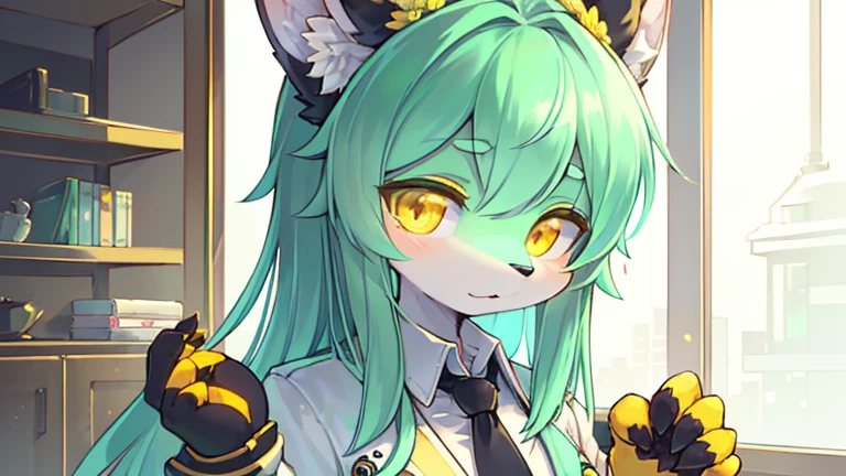 beautiful (furry wolf girl), (small breasts), ((detailed features)), ((detailed fingers, precise fingers,)) (((not unnatural hands))), natural pose, illustration, vibrant colours, apartment interior, 1 girl, solo, ((mint green coloured poofy hair)), flower hair ornament, beautiful (glowing) yellow eyes, (wearing a white jacket with golden trims and detailing), (((black button up))), ((golden necktie))