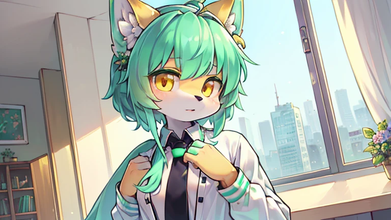 beautiful (furry wolf girl), (small breasts), ((detailed features)), ((detailed fingers, precise fingers,)) (((not unnatural hands))), natural pose, illustration, vibrant colours, apartment interior, 1 girl, solo, ((mint green coloured poofy hair)), flower hair ornament, beautiful (glowing) yellow eyes, (wearing a white jacket with golden trims and detailing), (((black button up))), ((golden necktie))