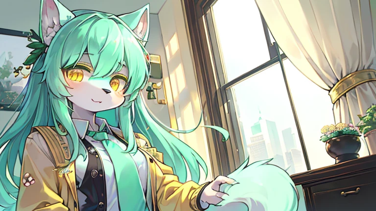 beautiful (furry wolf girl), (small breasts), ((detailed features)), ((detailed fingers, precise fingers,)) (((not unnatural hands))), natural pose, illustration, vibrant colours, apartment interior, 1 girl, solo, ((mint green coloured poofy hair)), flower hair ornament, beautiful (glowing) yellow eyes, (wearing a white jacket with golden trims and detailing), (((black button up))), ((golden necktie)) 
