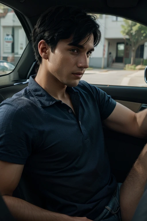 man with fair skin and short black hair aged 25 driving a car in a blue shirt