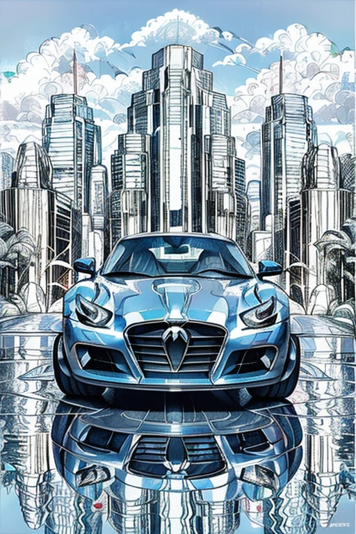  Intricate car coloring pages featuring a sleek sports car, vibrant shades of metallic blue and silver accentuating its curves, reflections hinting at a glossy finish, surrounded by dynamic lines and patterns, Illustration, markers on textured paper, --ar 16:9 --v 5