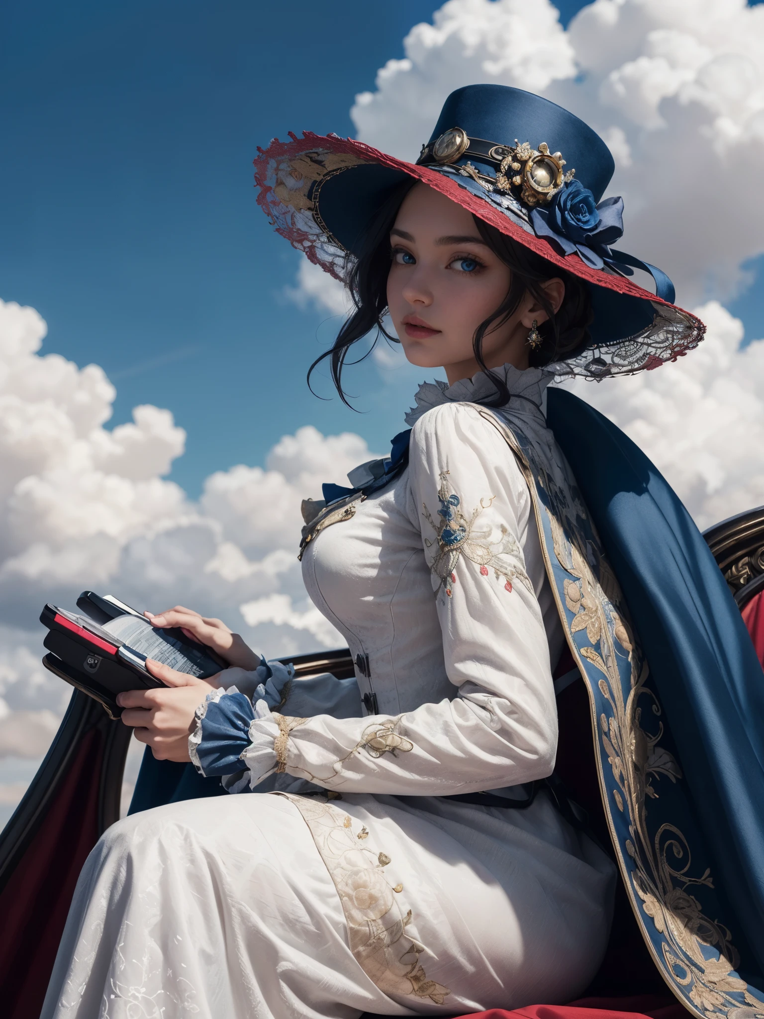 Android, 1girl, white machine, intricate mechanism, glowing blue eyes, red cape, sitting, cloudy, blue sky, vibrant, steampunk victorian clothing, intricate long hat, white mouse, luxury sack back gown, aristocrat, rococo style, intricate embroidery, ornate accessories,