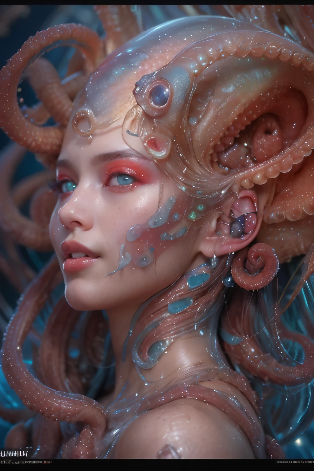 scary and sexy detailed art in color, Portrait, (beautiful and obscene female alien:1.4), (vulgarity1.7), (she has red eyes with no pupils:1.8), (Translucent blueskin:1.7), (There is a female genital-like organ in the middle of the forehead:1.9), (The most beautiful face in the history of the universe:1.2),an evil gaze that seduces, (large mouth:1.1), (sharp teeth like a vampire:1.2), Full body portrait, (bio luminescent:1.5), (Smile wickedly:1.3), (sexypose:1.5), alien, No humans, cells are fused, (Lots of translucent tentacles:1.3) extraterrestrial, cell, bio image, best quality, 8K,In 4K_quality, High freshness, Dramatic Lighting, masutepiece:1.5,cinematic quality, detail up, (exquisite details:1.2), high resolution, High freshness, drawing faithfully, (Thick eyebrows:1.2), Beautiful eyes with fine symmetry,(Highly detailed face and eyes:1.2), Intimate face, (Super detailed skin quality feeling:1.4), perfect anatomy, (Beautiful toned body:1.5), (Moist skin:1.2), not wearing makeup, (dark circles:1.1), long canines, cinematic drawing of characters, ultra high quality model, cinematic quality, detail up, (exquisite details:1.2), high resolution, High freshness, drawing faithfully, official art, Unity 8K Wall paper, best quality, Very high resolution, ultra detailed artistic photography, midnight aura, unreal engine 5, Ultra Sharp Focus, art by Amano Yoshitaka, ArtGerm, Roisch, intricate artwork, best quality, masterpiece, ultra high resolution, (photos realistic:1.4), ultra realistic realism, dream-like, nautilus, Creation of fantasy, Snail, Dream Snail, (biopunk nautilus:1.3),Thrilling color schemes, ultra realistic realism, seductively smiling, Blue tentacles, Amazing mutation, well-proportioned body, goddess of the deep sea